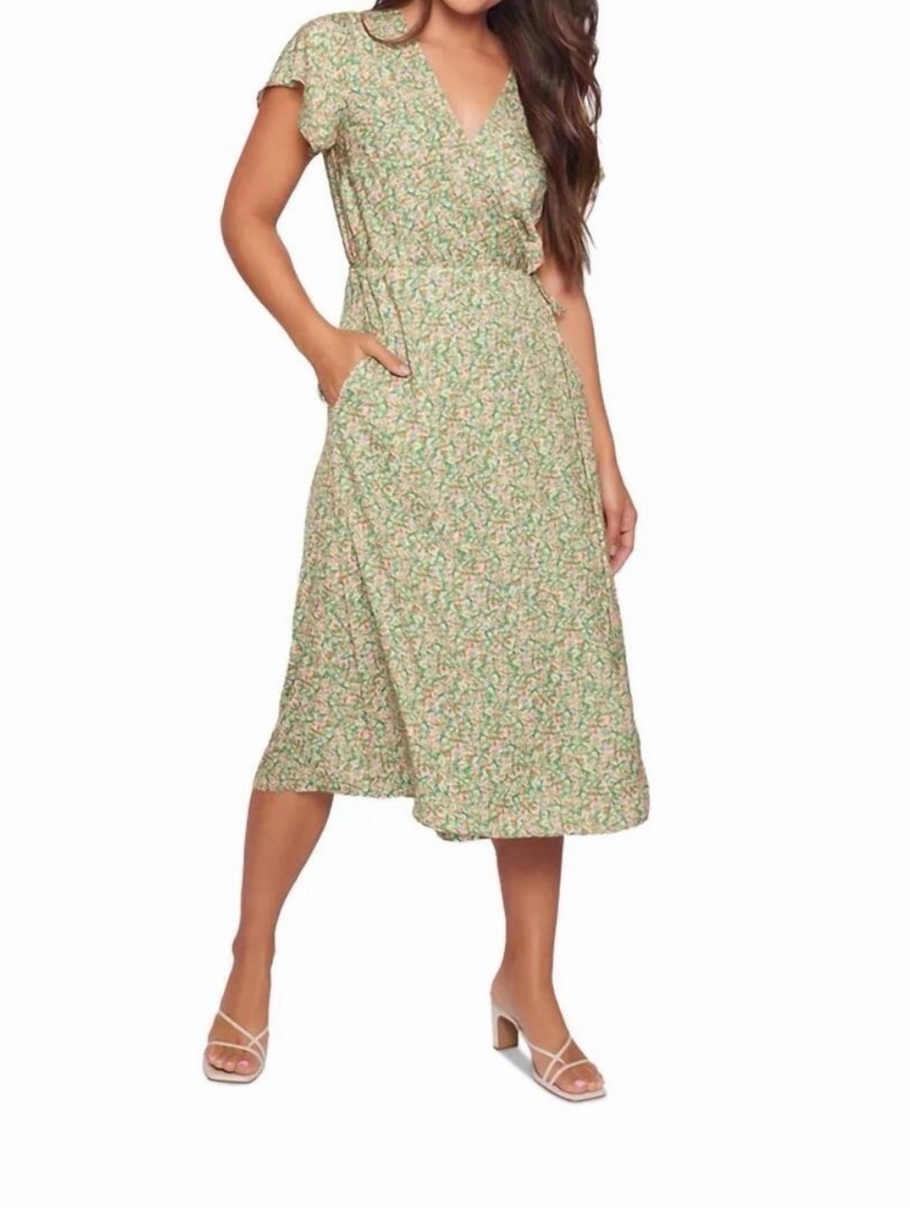 Lost + Wander Wild Poppies Floral V-Neck Midi Dress in Green Floral